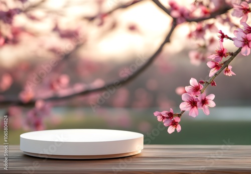 Wallpaper Mural White Round Podium on Wooden Table With Blurred Pink Blossoms Background Torontodigital.ca