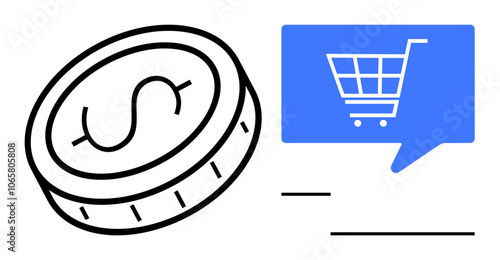 Dollar coin next to blue speech bubble with shopping cart. Horizontal lines beneath the bubble. Ideal for e-commerce, online shopping, retail, financial transactions, digital marketing, customer