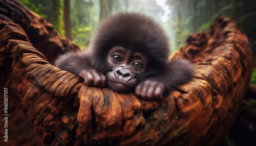 Gorillababy chillt auf Baumstamm photo