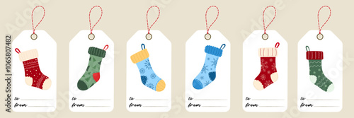 Christmas gift tags set with cozy stockings in classic red, green, and blue colors. Traditional vector symbols of family Christmas holiday. For holiday packaging, seasonal stickers, labels.