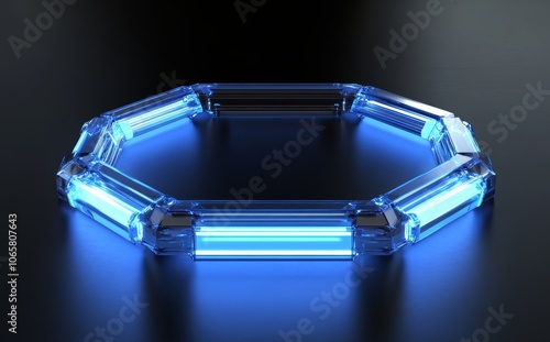 Black background with neon blue highlights, showcasing futuristic elements within an octagonal frame photo