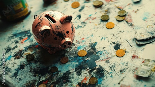 Piggy Bank Surrounded by Coins on a Colorful Tabletop