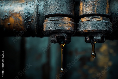 Rusty metal pipes leak dark liquid in a damp industrial setting. Generative AI photo