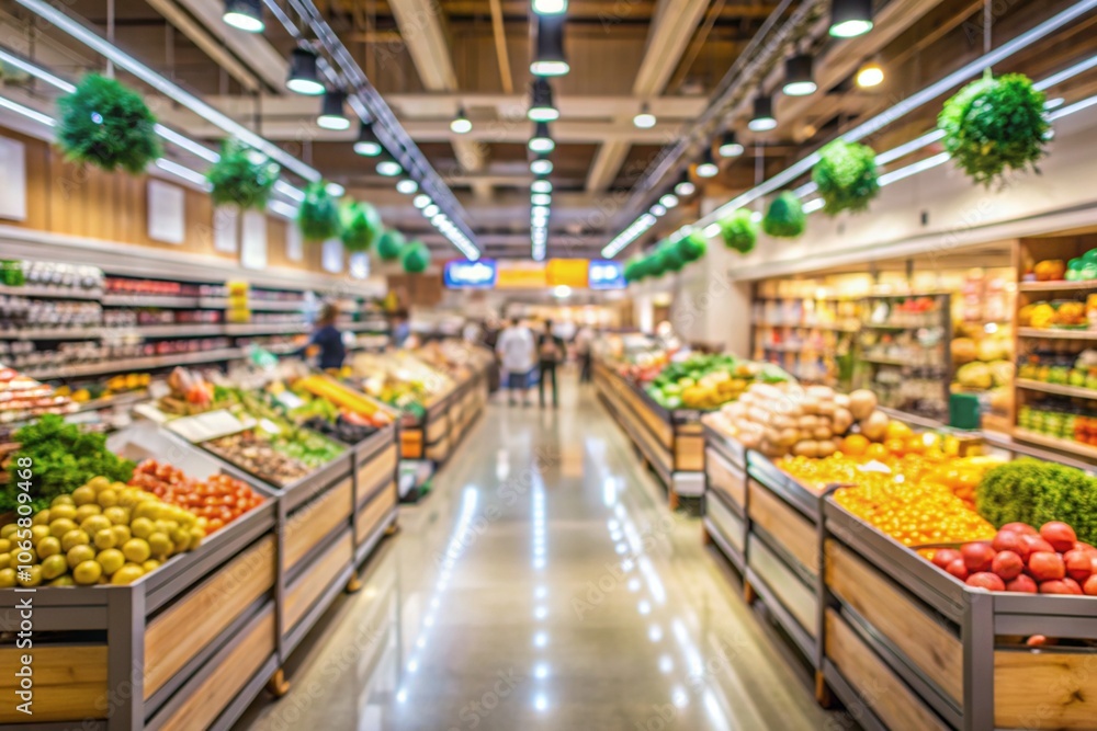 Fototapeta premium Supermarket. Shopping malls of the grocery store. The interior of the aisle with stalls of vegetables and fruits. Abstract blurred background.