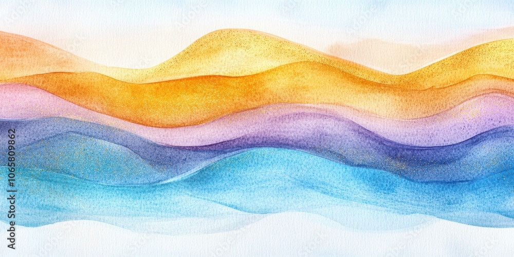 Obraz premium 美しい色彩の水彩画が描く波と山の風景、柔らかなグラデーションが広がる