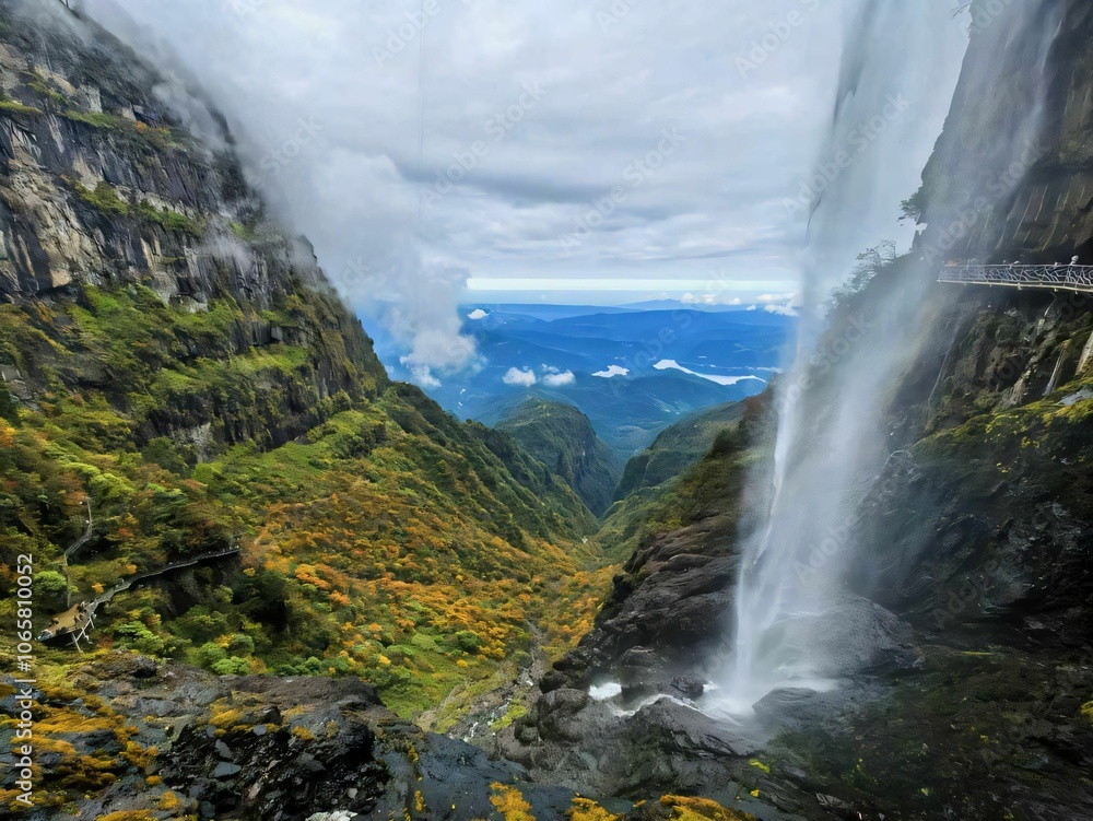 Fototapeta premium Majestic waterfall in lush mountain landscape.