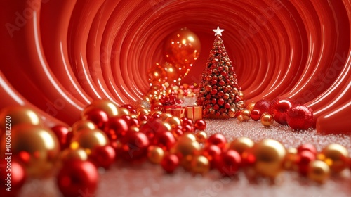 futurism minimalist space christmas composition 3d studio inside interiour background in colours of red, Nutcracer, christmas balls,giftboxes, christmas candy photo