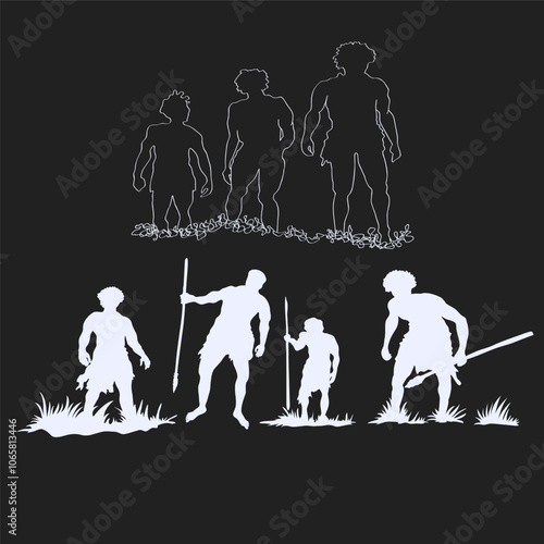 Editable vector Silhouette of Caveman Hunters Set with each figure as a separate object