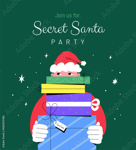 Secret Santa party festive Christmas illustration in modern flat style. Mysterious person hiding behind a pile of wrapped gifts that he holding in his hands. Vector invitation