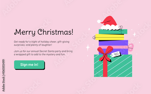 Secret Santa party banner design template. Cheerful  Christmas vector illustration of beautifully wrapped gifts with a Santa hat on top of it. Invitation for anonymous gift exchange