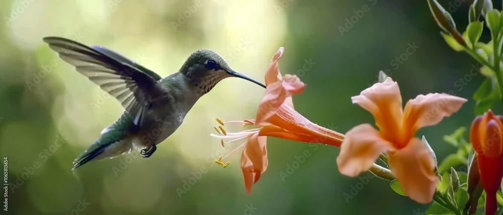 Naklejka premium Amidst a blurred, greenish background, a hummingbird feeds at a blooming flower, showcasing the vitality and elegance of nature.