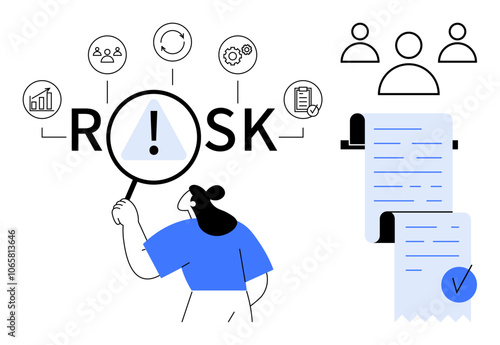 Person examines RISK word highlighted with icons representing key aspects. Nearby is a document with verification checkmark. Ideal for business analysis, risk management, compliance, auditing