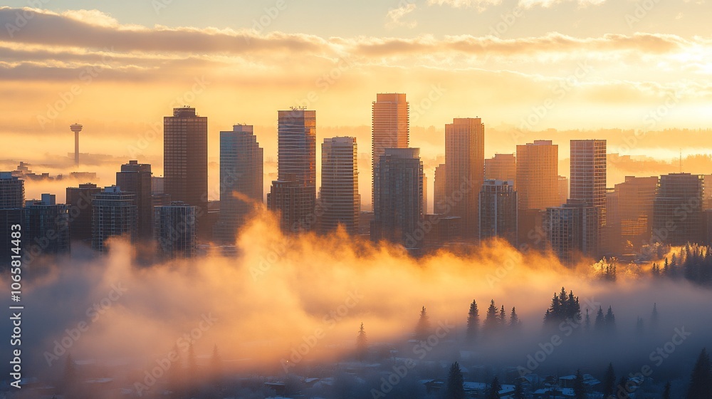 Fototapeta premium A panoramic view of a city skyline at sunset, with fog rolling in and creating a ethereal and mysterious atmosphere.