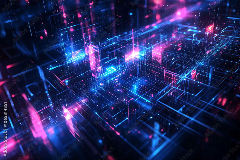 Obraz premium Abstract digital landscape with vibrant neon lights at night