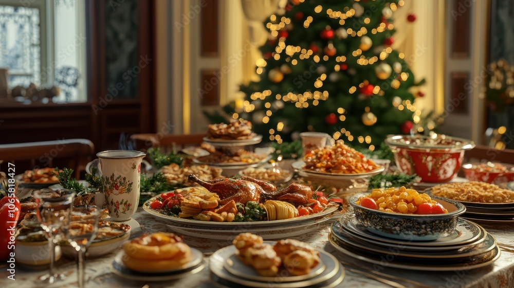 Naklejka premium Christmas Dinner table full of dishes with food and snacks, New Year's decor with a Christmas tree on the background.