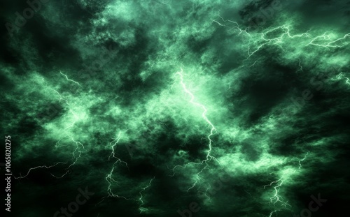 Green lightning strikes a storm cloud at night as it strikes through dark clouds