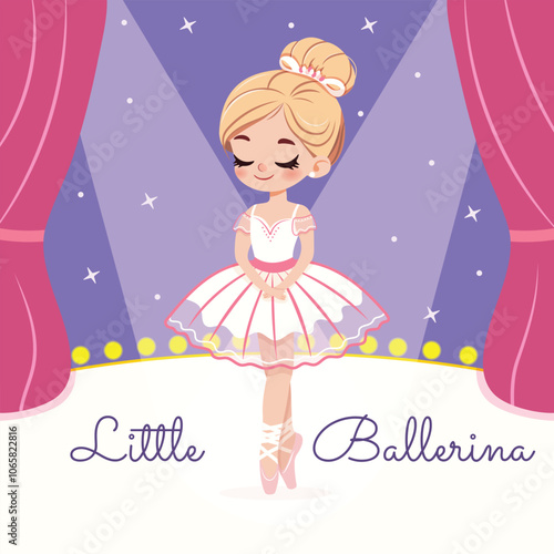 Pretty and gentle ballerina girl in white dress dancing on stage. Poster, Banner, Flyer, Greeting Card. Vector illustration in flat cartoon style