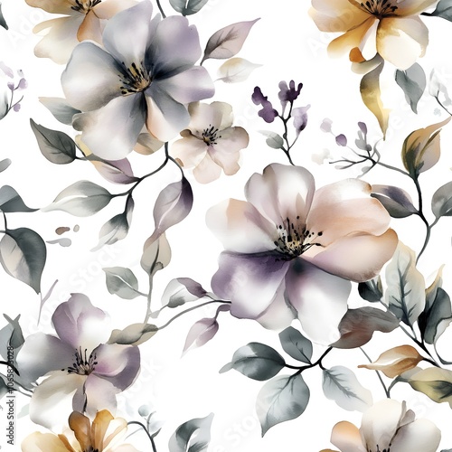 Wallpaper Mural Watercolor Floral Seamless Pattern with Delicate Flowers and Leaves Torontodigital.ca