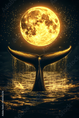 A whale's tail in the moonlight, the huge yellow full moon hanging high above sea level shines on it, water droplets falling from its flippers like silver raindrops. photo