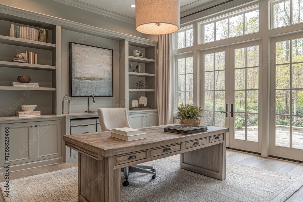 Fototapeta premium organic home office, a peaceful office follows organic modern principles with a sleek wooden desk, built-in shelving, and striking lighting in a calm setting