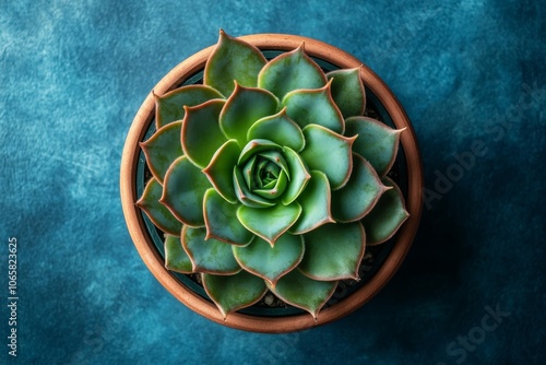 A vibrant blue echeveria succulent in a terracotta pot shows its symmetrical leaves and rich colors from above, creating a serene atmosphere that pleases the eye and soothes the senses