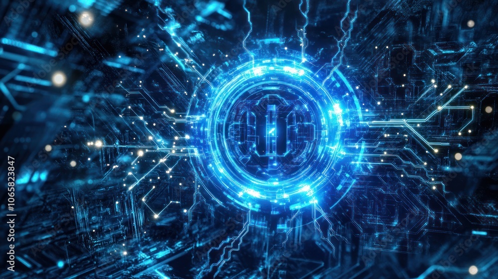 Fototapeta premium A futuristic digital design featuring glowing blue circuits and a central circular element.