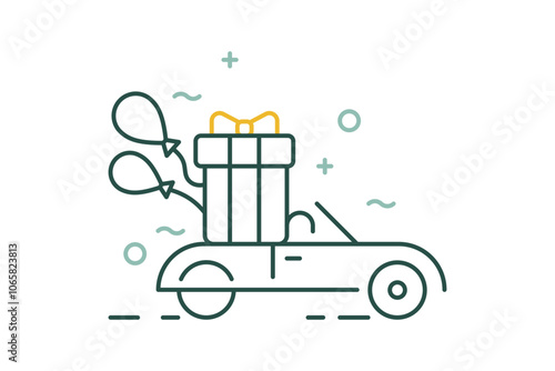 SVG linear minimalistic illustration. Retro car with box gifts, Birthday balloons. Delivery presents - Christmas sale, New Year party, Holidays shopping icon. Gift agency service sign for banner