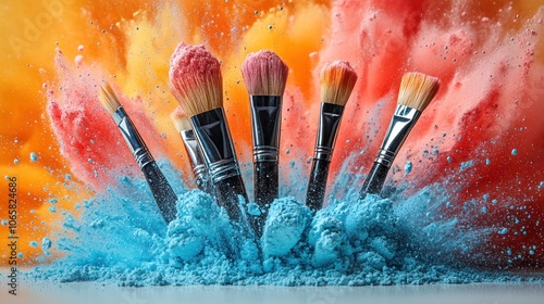 Colorful powders burst around makeup brushes creating an artistic display of creativity