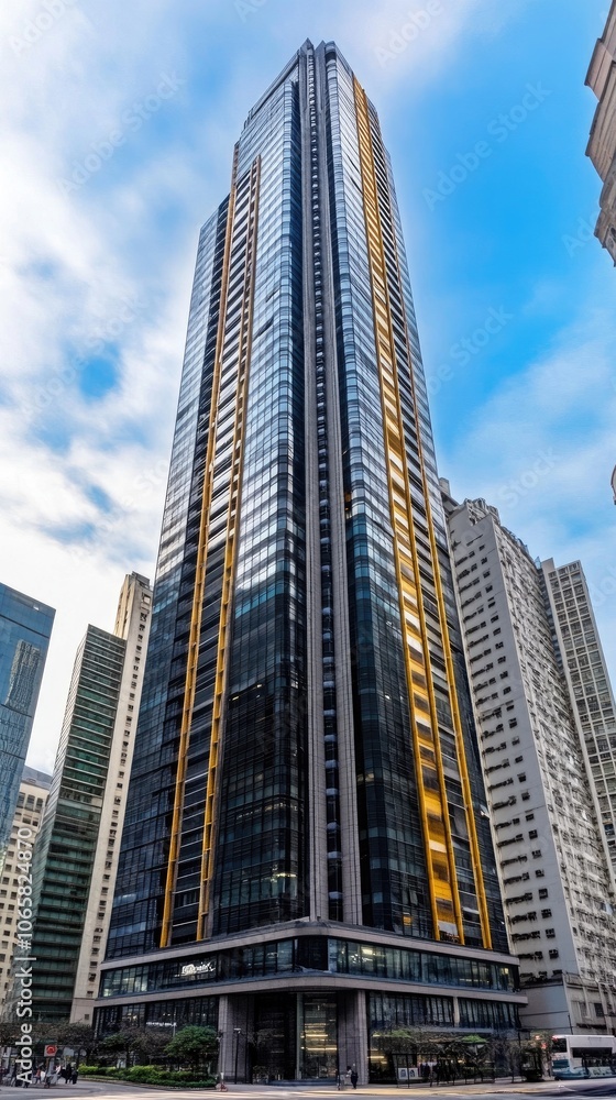 Fototapeta premium Striking modern office building featuring blue glass and yellow accents under a vibrant blue sky in a bustling urban setting