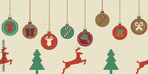 Retro Pixel Art Christmas Ornaments with Reindeer, Bells, and Holiday Icons on Light Background