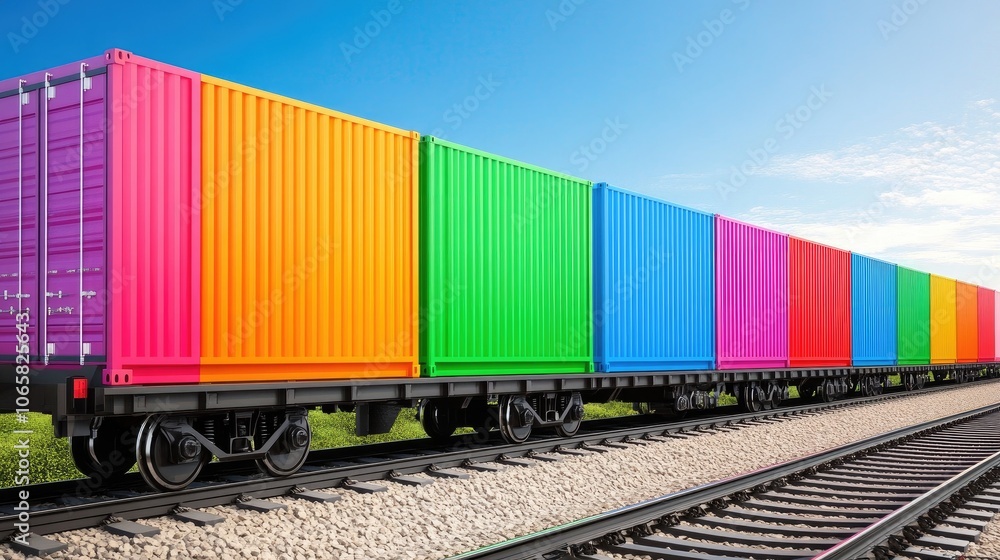 Fototapeta premium Colorful cargo containers fill an old train car against a bright blue sky on a sunny day
