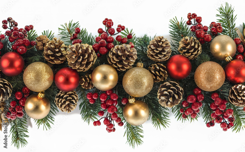 Christmas garland with pine cones, red berries and gold and red ornaments.. Christmas garland with pine cones, red berries and gold and red ornaments..