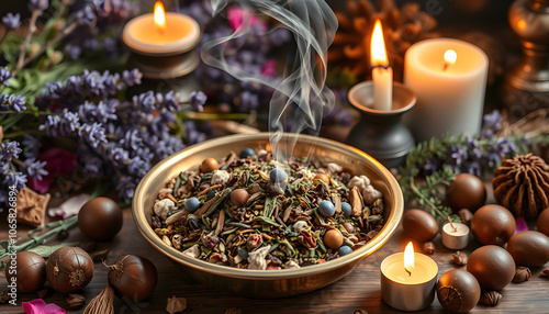 Wiccan witch altar with herb blend mix in brass dish, ready for incense burning. Background filled with dried lavender rose flowers, herbs, plants, chestnuts, burning candles. Incense burning ceremo photo