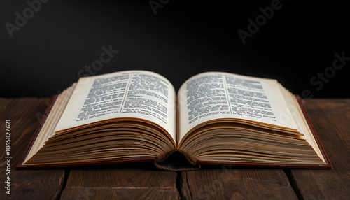 image of open antique book on wooden table with dark background isolated with white highlights, png photo