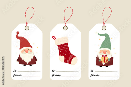 Сharming Christmas gift tags set with Santa and festive stocking. Cute winter vector illustrations in concept of holiday gift packaging ideas. For holiday stickers, gift labels, wapping accessories. photo