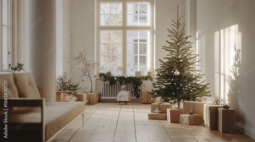 Fototapeta premium Christmas scene with minimal greenery, few neutral-toned presents, Scandinavian style room with subtle holiday decor