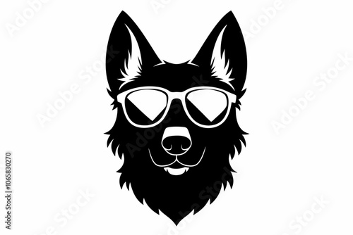 Dog head wearing sunglass silhouette, dog with glasses icon vector