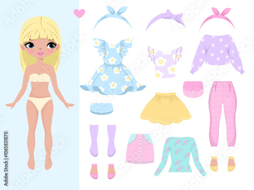 Paper doll clothes. Baby doll with dress. Cute girl clothes. Vector illustration isolated on white background. Clothes set, collection. Dress up, cutouts, game, play, toy for children. Printable