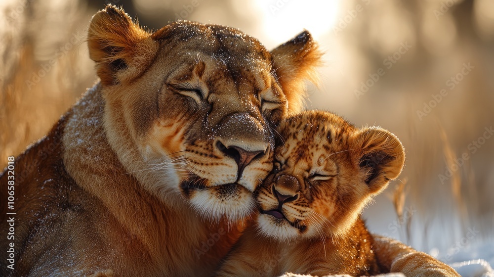 Obraz premium A lioness lovingly embraces her playful cub in a serene winter landscape
