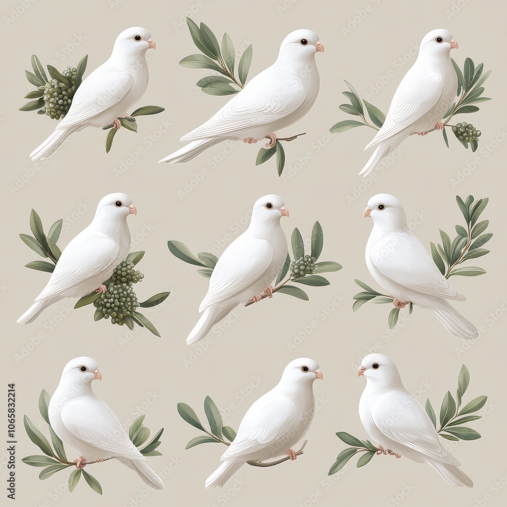 Fototapeta premium Flying White Pigeon Holding Olive Branch: Symbol of Peace and Hope
