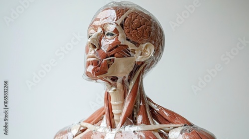 A half-transparent anatomical model highlighting the brain and muscle structure, offering a unique perspective on human anatomy for both study and art enthusiasts. photo