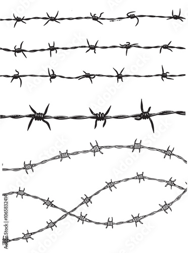 Vintage Barbed Wire Vector Set with Rusted, Worn Styles on Textured Parchment Background – Black and Beige Design Elements