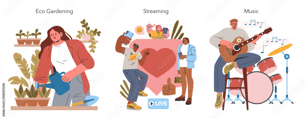 Fototapeta premium Millennial Hobbies. Flat Vector Illustration