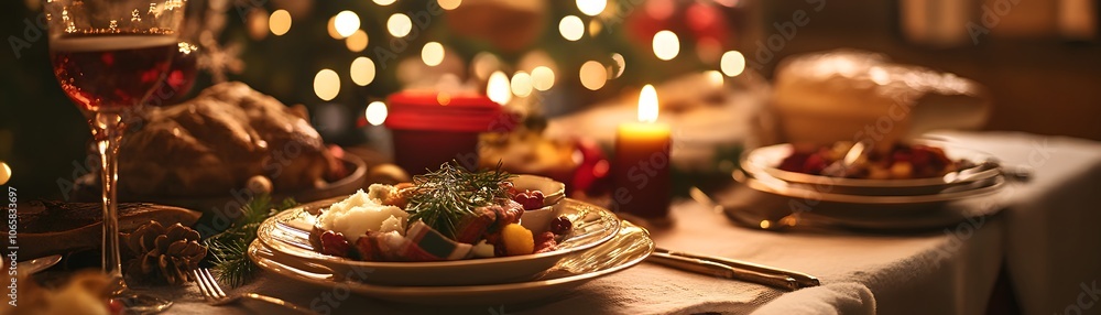 Festive Table Setting with Food, Wine Glass, and Candlelight Festive Table Setting with Food, Wine Glass, and Candlelight