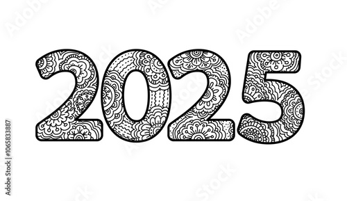 2025 zentangle New Year number. Date decoration lettering 2025 happy winter holiday greeting card and antistress adult coloring page vector illustration