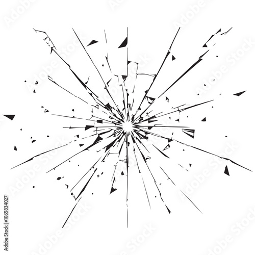 High-Contrast Black-and-White Vector Illustration of Shattered Glass with Central Impact Point and Radiating Cracks - Minimalistic, Sharp, and Realistic Broken Glass Design