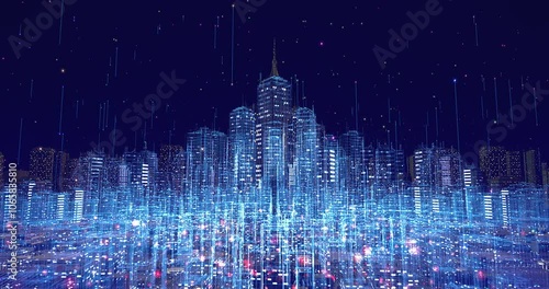 Flying Through AI Smart City With Numbers and Grids. Technology and Business related 4K 3D animation.