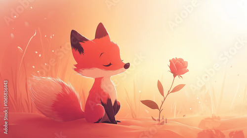 Cute fox sitting and smelling a rose at sunset