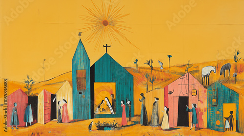 Nativity scene painting depicting jesus christ birth in bethlehem with worshi...
