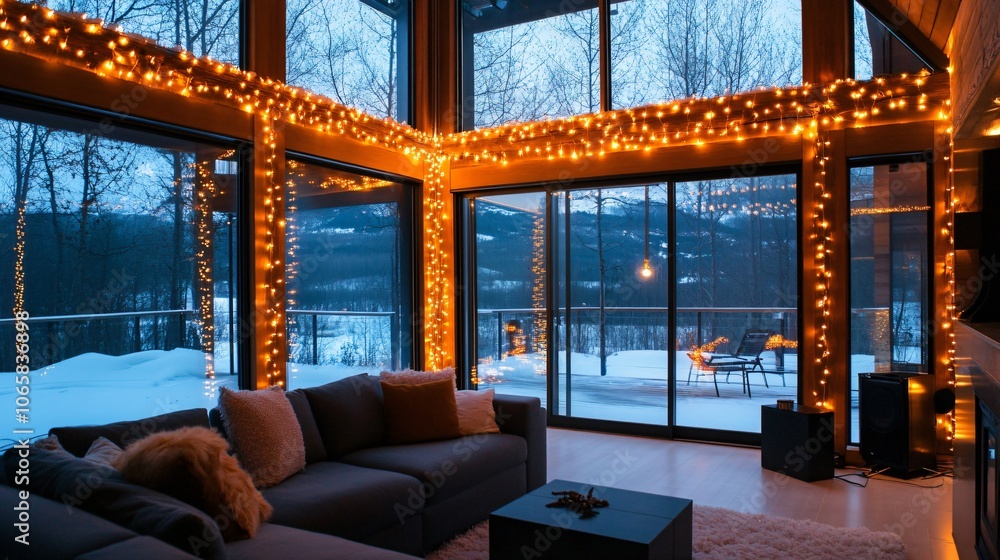 Minimalist Christmas lights strung around a modern living room, warm white lights giving a soft glow, large windows and snowy landscape outside Minimalist Christmas lights strung around a modern living room, warm white lights giving a soft glow, large windows and snowy landscape outside